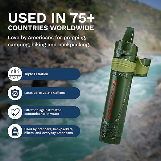 Survivor Filter Emergency Water Straw – USA-Tested – 0.05 Micron Filtration – Portable Outdoor Water Filter for Camping & Hiking - No Expiration