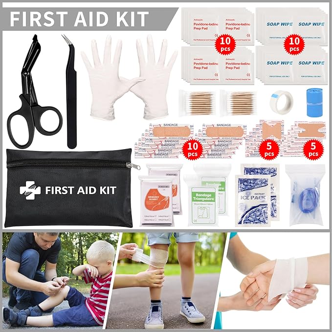 145 Pieces Emergency Survival Camping Kit, Molle First Aid Kit with Splint for Trauma Wound Care Blow Out for Outdoor Tornado Preparedness Kit, Black