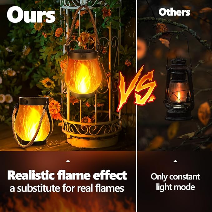 iBaycon 2 Pack Solar Lanterns Lights, Flickering Flame Garden Lights with 2 Modes Dual Charging USB & Solar, Outdoor Waterproof Hanging Lantern for Yard Patio Porch Decor (Warm White)