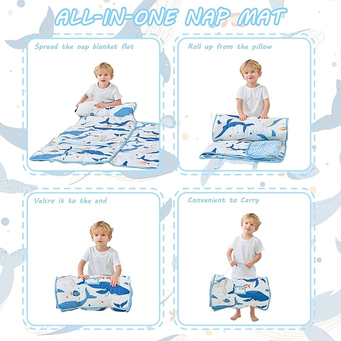 Lasoftan Toddler Nap Mat with Pillow and Blanket, Extra Large Rolled Napping Mats,Slumber Bags for Boys Girls,Kids Sleeping Bag for Daycare, Preschool Travel Camping
