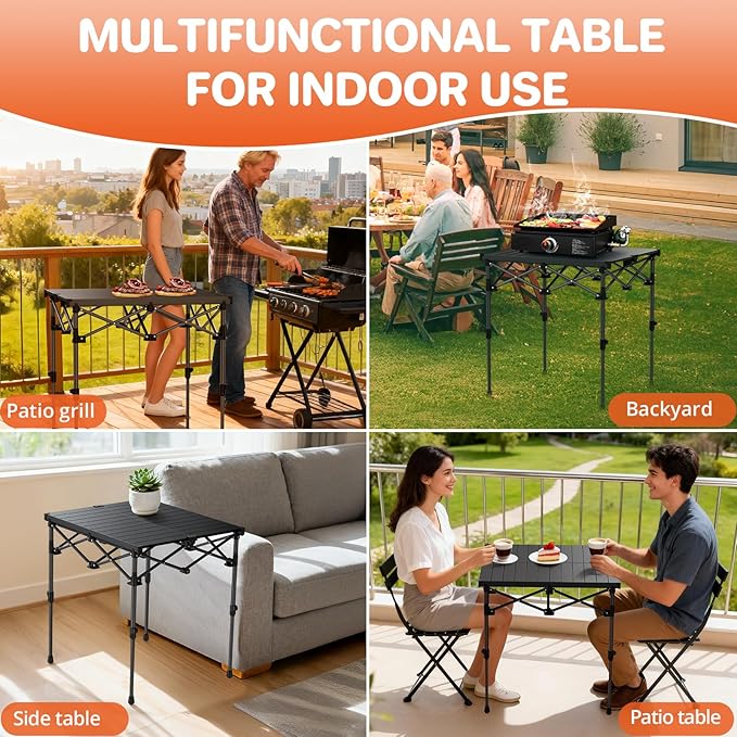 FUNYKICH Folding Camping Table(L26.4''xW22.8''), Aluminum Roll-up Portable Picnic Table with 2 Adjustable Height(17.3'' & 27.6'') for Picnic, Camping, BBQ, Party, Backyard, Beach