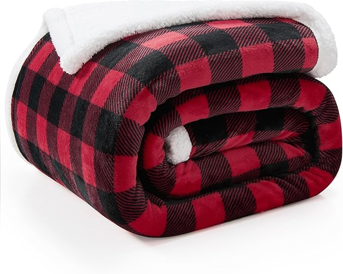 BEDELITE Sherpa Fleece Blankets King Size - Black and Red Buffalo Plaid Christmas Blanket, Super Soft Cozy Warm Thick Winter Blanket for Couch and Bed, 108" x 90"