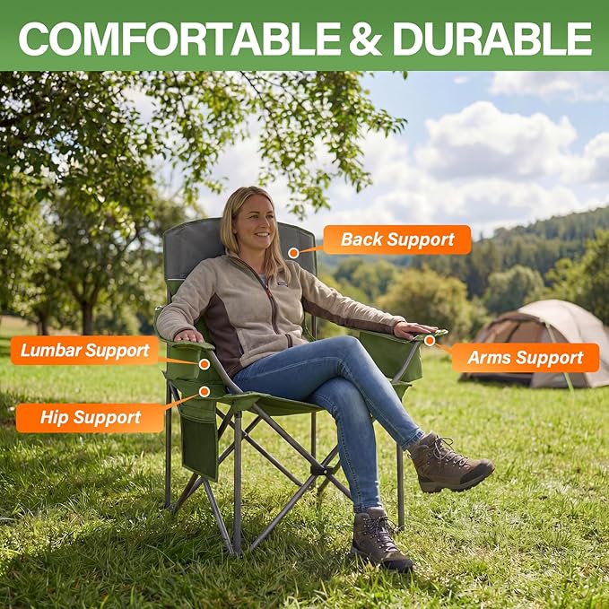 Oversized Camping Chairs 2 Pack - Heavy Duty 400LBS Padded Lawn Chair with Cooler Bag,Cup Holder,Side Pocket,Collapsible for Outdoor,Camp,Fishing & Garden,Olive Green