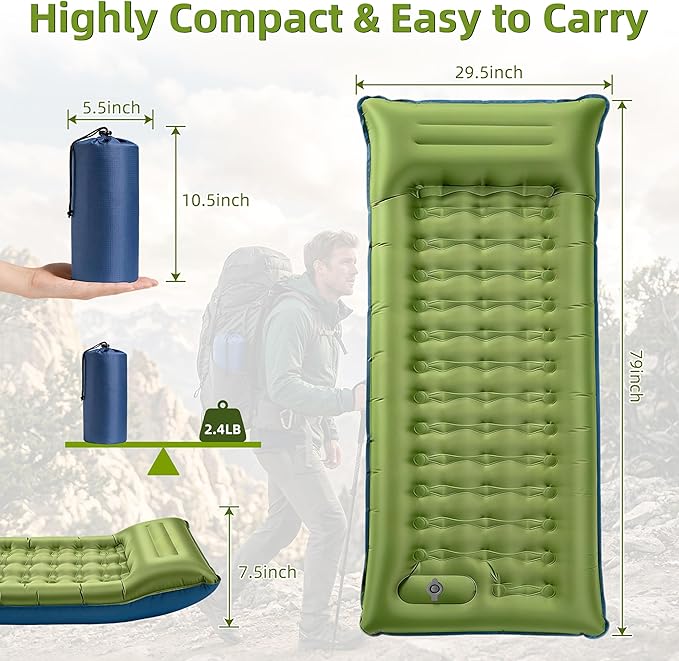 Camping Sleeping Pad, Extra Thick 6 Inch Camping Mat with Built-in Pillow & Foot Pump, Ultralight Inflatable Sleeping Pad for Backpacking Hiking Travel Tent(Green)