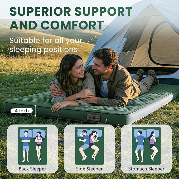 Self Inflating Double Sleeping Pad for Camping with Electric Pump 4 Inch Ultra Thick Memory Foam 2 Person Inflatable Sleeping Pad All Season Full Size Portable Camping Mattress for Travel,Tent (Green)
