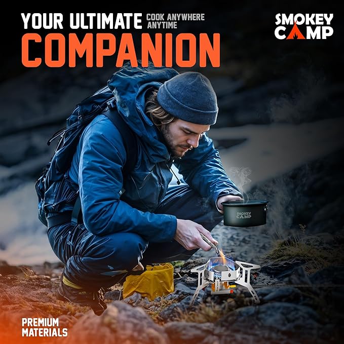 3500W Camping Stove, Backpacking Windproof Camp Stove with Piezo Ignition Carrying Case and 2 Additional Adapters, Compatable with Isobutane, Propane, Butane Tanks, Portable and Collapsible