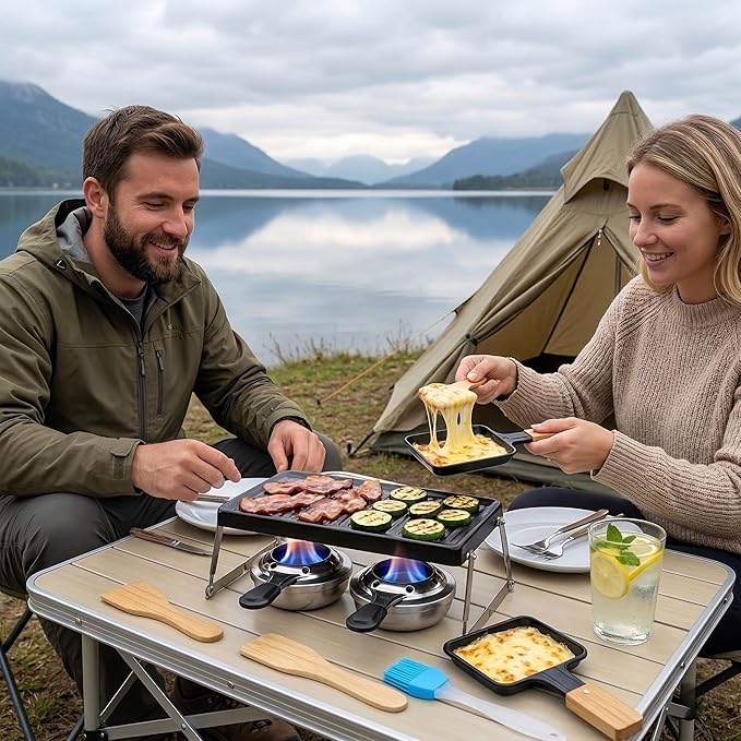 Portable Tabletop Cooking Grill Set, Foldable Mini Raclette Grill with Non-Stick Griddle Plate, 2 Cheese Melting Pans, 2 Spirit Burners and 2 Spatulas, Compact BBQ Camping Stove for Outdoor, Picnics