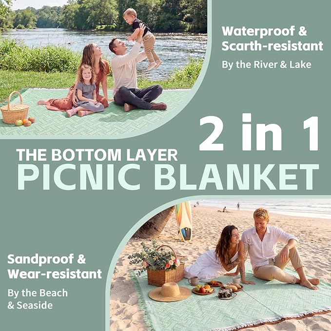 2 in 1 Extra Large Outdoor Picnic Mat Woven Summer Throw Blanket Boho Giant Beach Travel Essential Yoga Accessories Park Patio Lawn Garden Grass Ground Play Music Festival Concert Must Have