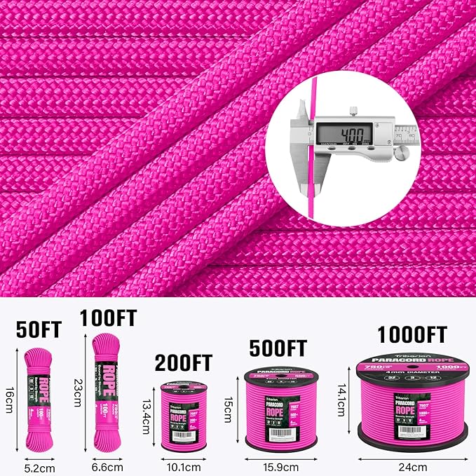 Paracord Rope 750 lb - 200ft 5/32" Parachute Cord 4MM 12-Strand para Cord - Heavy Duty Spool String for Survival,Camping Gear, Survival Bracelet, Clothesline - Rose Pink