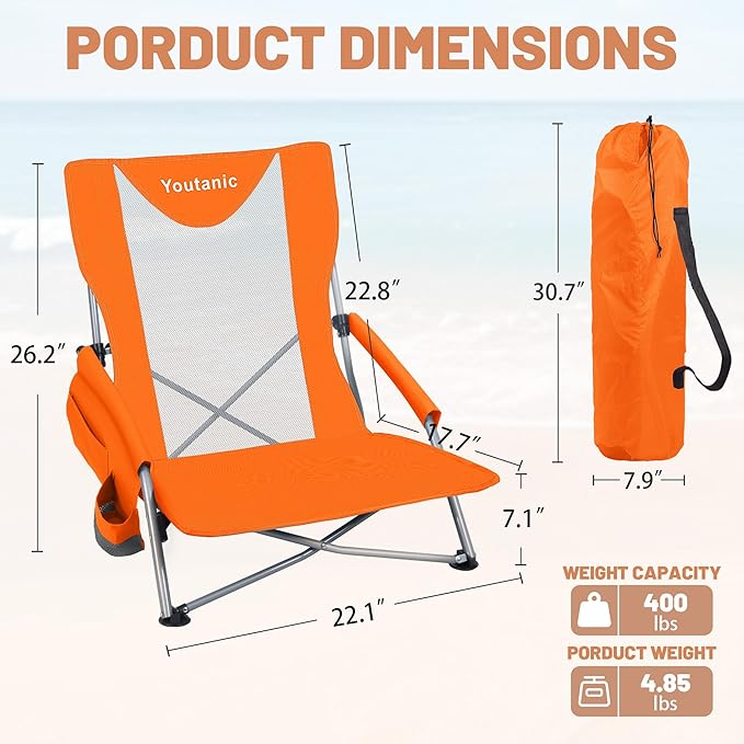 Youtanic Beach Chairs 2 Packs, Folding Portable Chair for Adults, Standard Back Extra Wide Seat with Cup Holder & Carry Bag, Lightweight Camp Chair for Outdoor, Beach, Sand, up to 350lbs, Orange