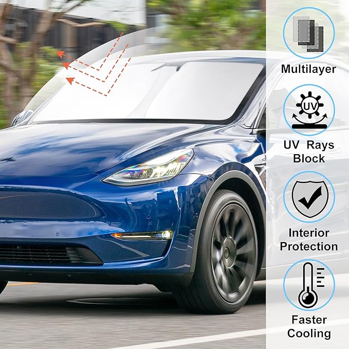 Windshield Sun Shade Custom Fit 2025 2026 Model Y Juniper/2024 Model 3 Highland /2017-2025 2026 TES-la Model Y Model 3 Accessories Foldable Front Window Sunshade Keeps Car Cool