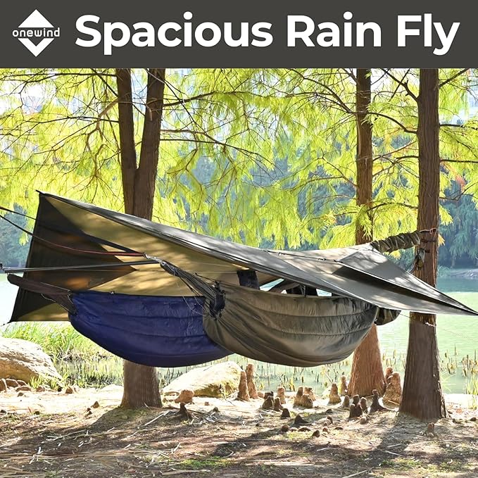 onewind Camping Hammock with Rain Fly and Bug Net Portable Lightweight 11ft Double Hammock with 12ft Ultralight Silnylon Tarp and Mosquito Net Ridgeline 12Ft Tree Straps for Camping Hiking Backpacking