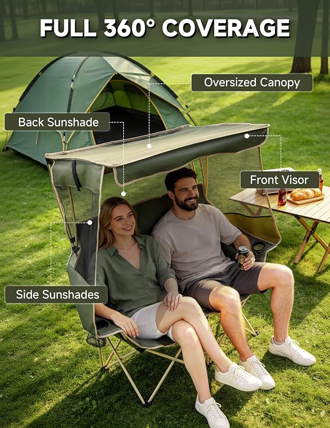 East Oak Padded Double Camping Chair with Canopy | 24" High Back Camping Couch for Adults with Full Sun Coverage, 14.7 lbs Lightweight, 660 lbs Heavy Duty Canopy Chair for Outdoors