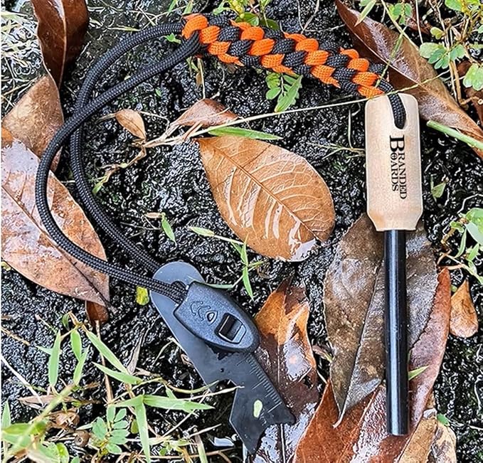 Bushcraft Fire Starter Kits. Ferrocerium Rod, Multi Tool Fire Striker, Waterproof Waxed Jute Rope Tinder, Survival Paracord, Emergency Whistle, Burlap Bag