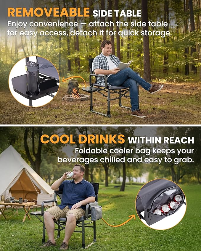 KingCamp XXL Heavy Duty Camping Directors Chair 550lbs Capacity, Extra Wide Oversized Camp Chairs with Side Table & Cooler Bag, Compact Padded Folding Chair for Big and Tall Outdoor Sports Picnic Lawn
