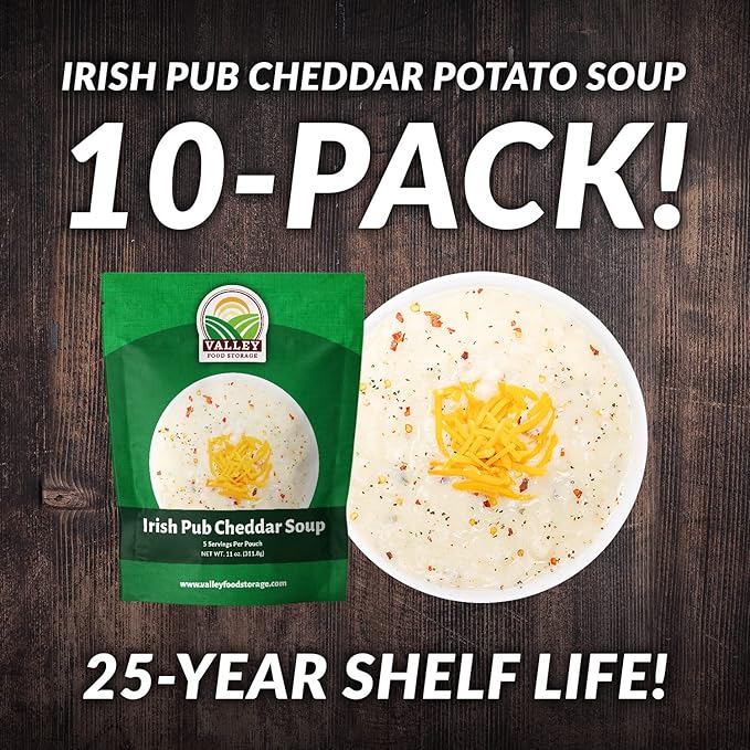 Valley Food Storage Irish Pub Cheddar Potato Soup 10-Bag Bucket, 50 Servings | Premium Non-GMO Emergency Food Supply with 25 Year Shelf Life | Survival Meals, Prepper Food, Camping & Off-Grid Supplies