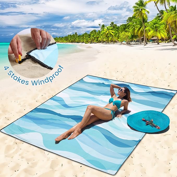 HIHOHO Beach Blanket Waterproof Sandproof Beach Mat for 1-8 Adults Quick Drying Durable Outdoor Picnic Mat for Beach Festival Travel Camping Hiking (Ocean Wave-Multi Blue, 79"×83"(4 Person))