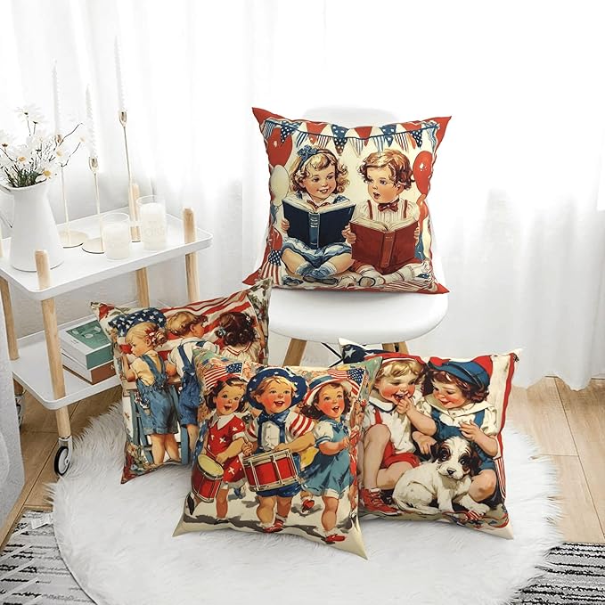 4th of July Patriotic Vintage Throw Pillow Covers 18 X 18 Inch Set of 4 Decorative Cushion Cover Home Decor for Sofa Chair Couch Bedroom Living Room