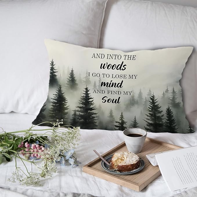 Inspirational Forest Mountain Nature Pillow Covers 12x20, and Into The Woods I Go to Lose My Mind Decorative Lumbar Pillow Covers for Home Cabin Lake House, Gifts for Nature Lovers