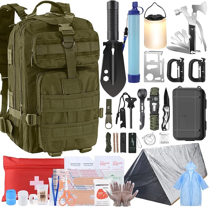 Survival Kit, Survival Gear and Equipment 258 PCS with Water Filter, Emergency Tent, LED Lantern, First Aid Kit Supplies, 25L Backpack for Family, Outdoor Camping, Hiking Gifts for Men Christmas