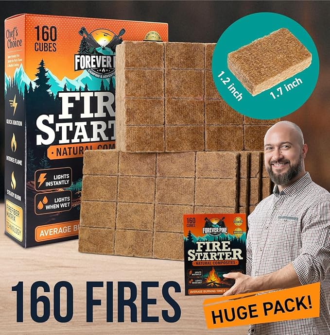 Fire Starter Cubes, 160 pcs - Value Pack - Firestarter Squares for Fireplace, Fire Pit, Wood Stove, BBQ, Charcoal, Pellets, Logs, Sticks Ignition - Natural, Odorless & Waterproof, Indoor & Outdoor