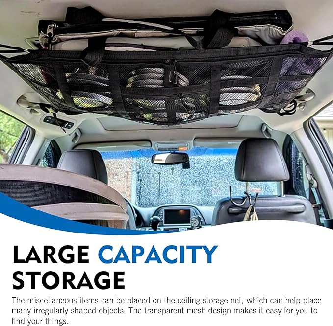 WZP Car Ceiling Cargo Net, 31.5" x 21.6" Double-Layer Mesh Car Roof Storage Ceiling Cargo Net with Adjustable D-Buckle, Universal Auto Accessories for SUVs, Road Trips, Camping Essentials