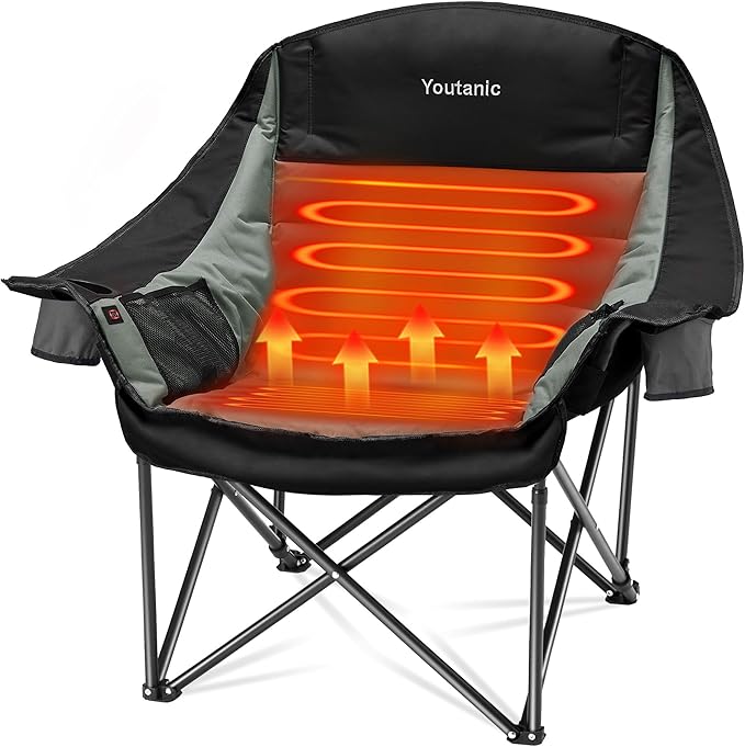 Youtanic Heated Camping Chair, 3 Heat Levels Oversized Padded Lawn Chair with Side Pockets and Cup Holder, Outdoor Heating Folding Camp Chair for Adults, Fishing, Sports, Picnic, up to 500lbs, Style 1