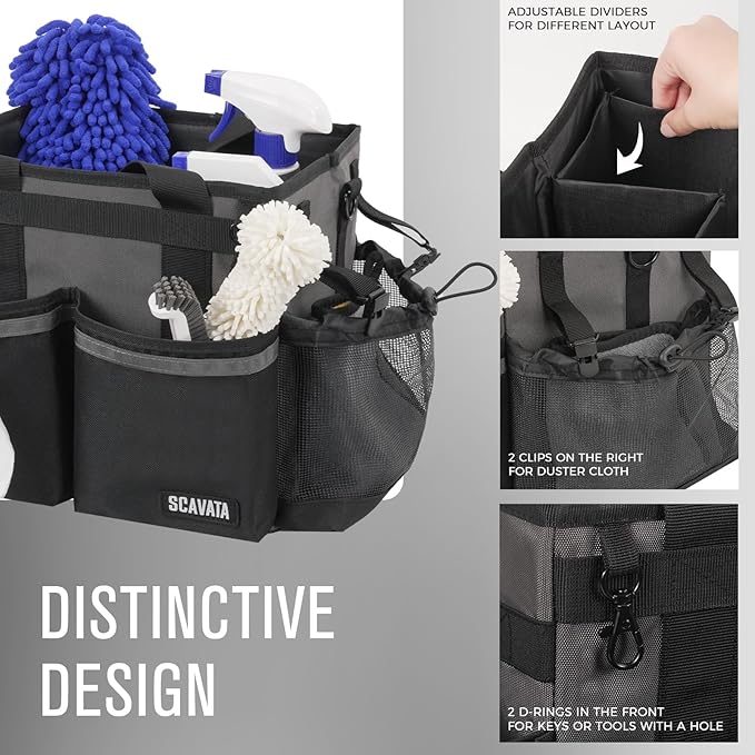 SCAVATA Compact Wearable Cleaning Caddy, Small Cleaning Caddy Supplies Organizer with Handle & Shoulder Straps for Housekeepers, Under Sink & Car Cleaning Tool Organizers Bag (DarkGrey)