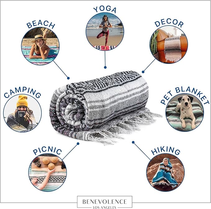 Benevolence LA Authentic Handwoven Mexican Blanket | Yoga Blankets, Outdoor, Picnic, Beach, Camping | Equestrian Saddle | Serape 50x70 inches - Gray, Pack of 1