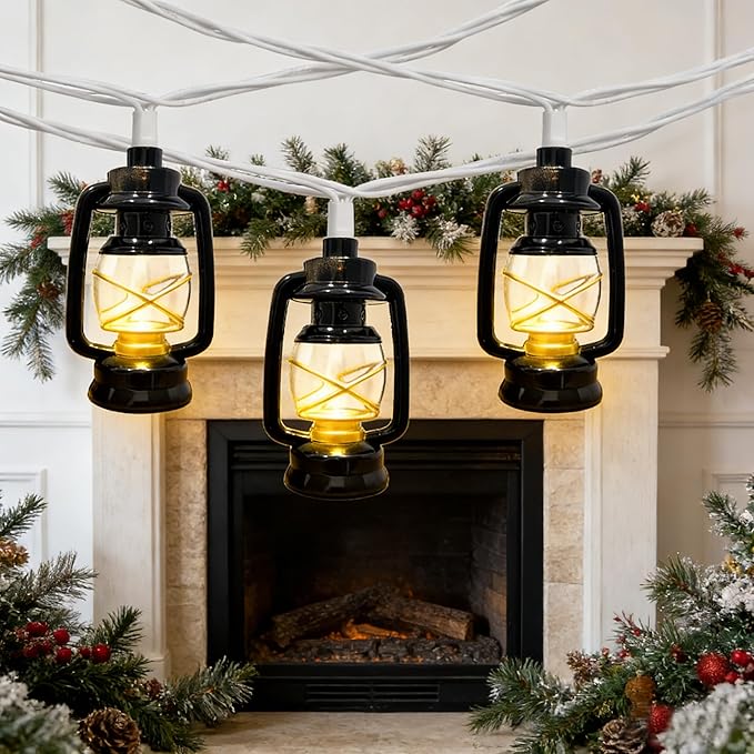 8.5Ft Black Mini Kerosene String Lights, Vintage Fairy Decorative Lights with 10 Warm White LED Lights, Connectable Outdoor Lantern for Bedroom Camping Wedding Garden Holiday