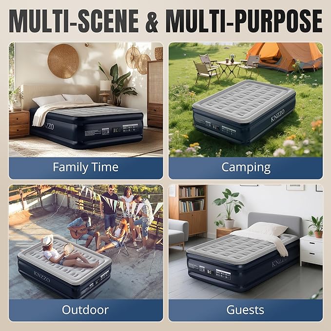 KNZZO Full Air Mattress with Built-in Pump, 18" Top Inflatable Mattress with Waterproof Flocking Fabric, Three-Minute Quick-Inflatable Bed. Portable Blow Up Mattress for Home, Outdoor and Guests