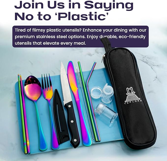Taplord Portable Travel Silverware Set With Case, Includes 10 Pcs of Travel Utensils With Case, Stainless Steel Flatware Set For Camping, Lightweight (Multi-Color)