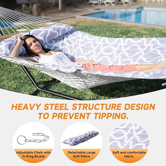 Everyfun 2 Person Outdoor Hammock with Stand, Cotton Rope Hammock with Polyester Pad, Adjustable Steel Frame, Portable with Carrying Bag – for Patio, Backyard, Garden, Beach, Cloud-Gray
