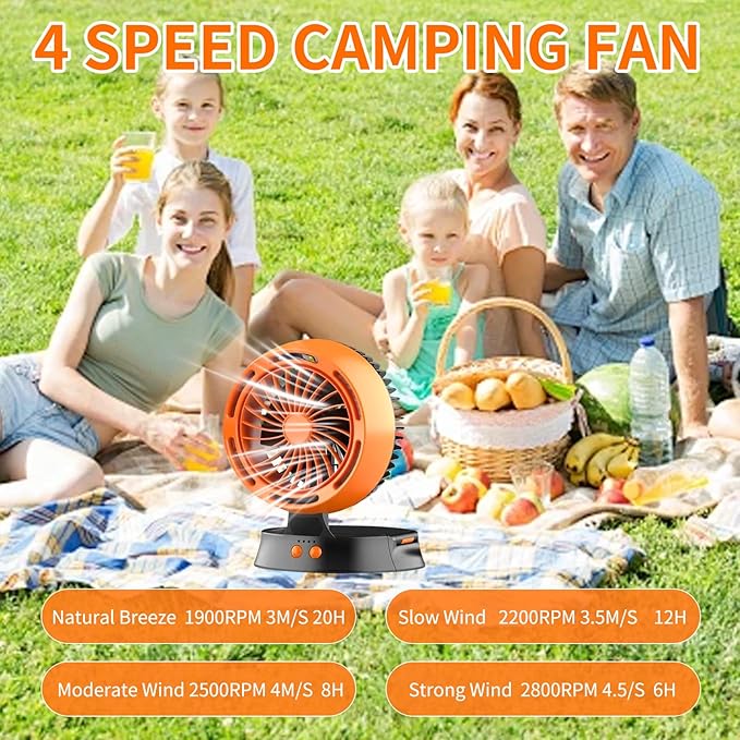 Portable Solar Fan - 10000mAh Big Battery, Compact & Lightweight, Solar-Powered, 4 Speeds & LED Light for Camping, Hiking & Emergencies!
