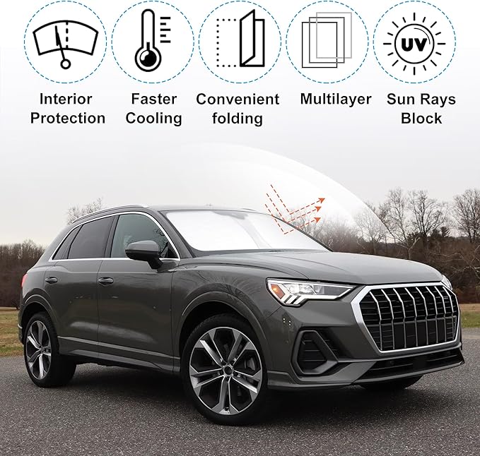 Windshield Sun Shade Custom Fit 2019-2024 2025 2026 Audi Q3 Accessories Foldable Sunshade Sun Blocker Front Window Shades Covers Keep Car Cooler