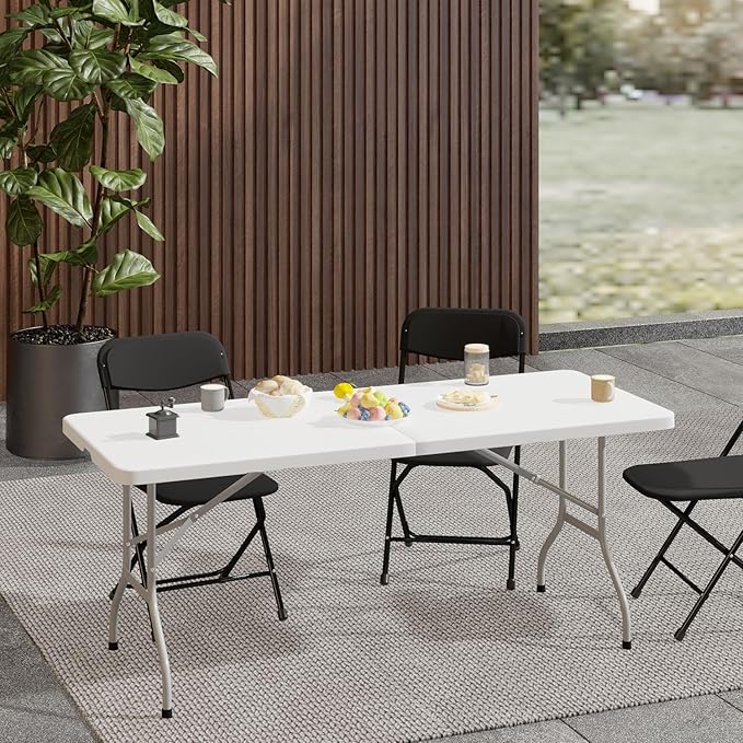 OS MOTOR 6ft Folding Table with Carry Handle, Portable Heavy Duty Plastic Utility Table with Steel Legs for Party, Wedding, Camping, Indoor, Outdoor Event, 72 Inch, White