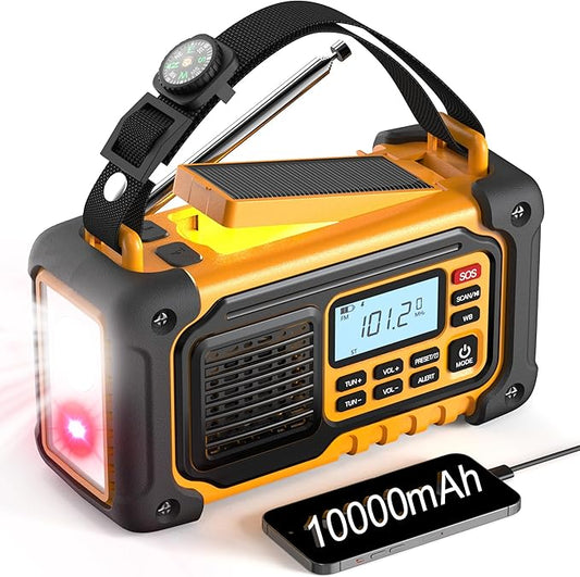 Crank Emergency Weather Radio, 10000mAh Solar Hand Crank Portable NOAA AM FM Battery Power Radio,Weather Alert with Flashlight,SOS Alarm & Reading Lamp,Survival Gifts for Home Camping Outdoor