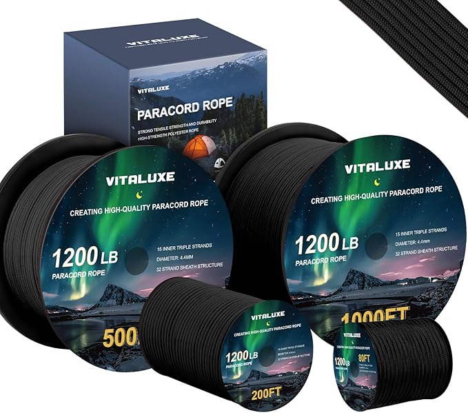 1200lb Paracord Rope, 4.4mm 15 Triple Strands Paracord, Heavy Duty Tactical Parachute Cord for Survival Gear, Camping, Hiking, and Ideal for Bracelets, Lanyards, Type III