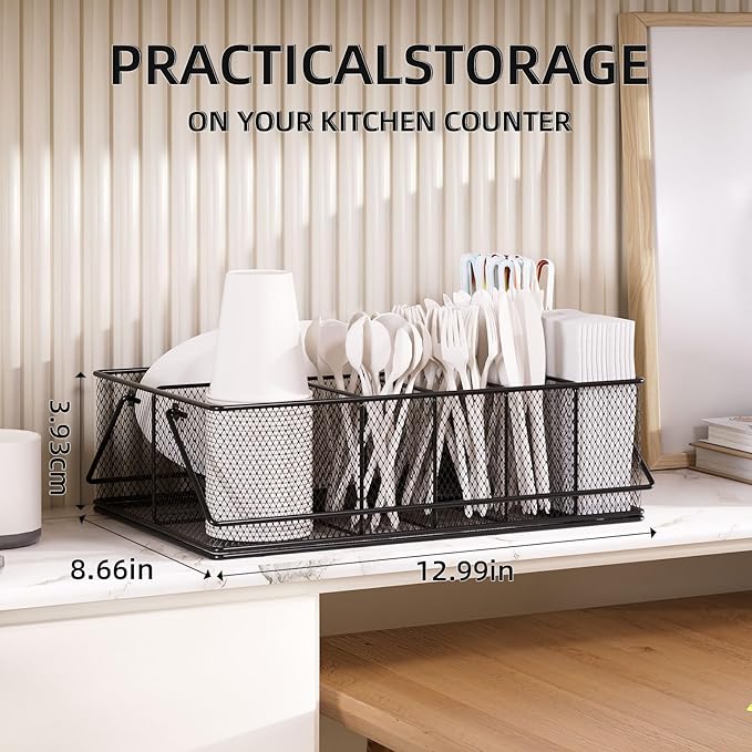 Paper Plate Organizer for Countertop, Metal Silverware Caddy with 6 Compartments for Cup, Napkin, Utensil Holder Caddy for Party, Camping, Picnic