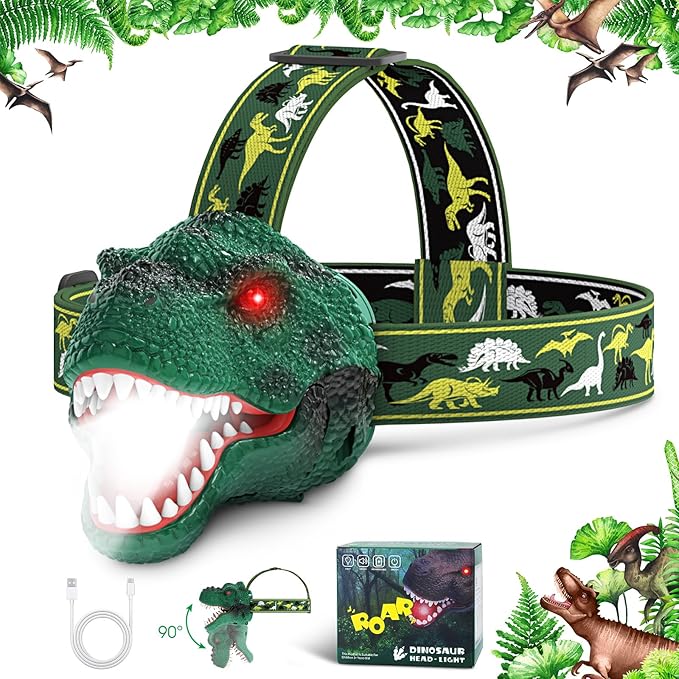 Dysaim Kids Headlamp,Rechargeable T-Rex Dinosaur Headlamp for Kids and LED Head Lamp Camping Gear Flashlight,Hiking Accessories Headlight Toys,Four Light Modes Suitable for Reading/Party Gift