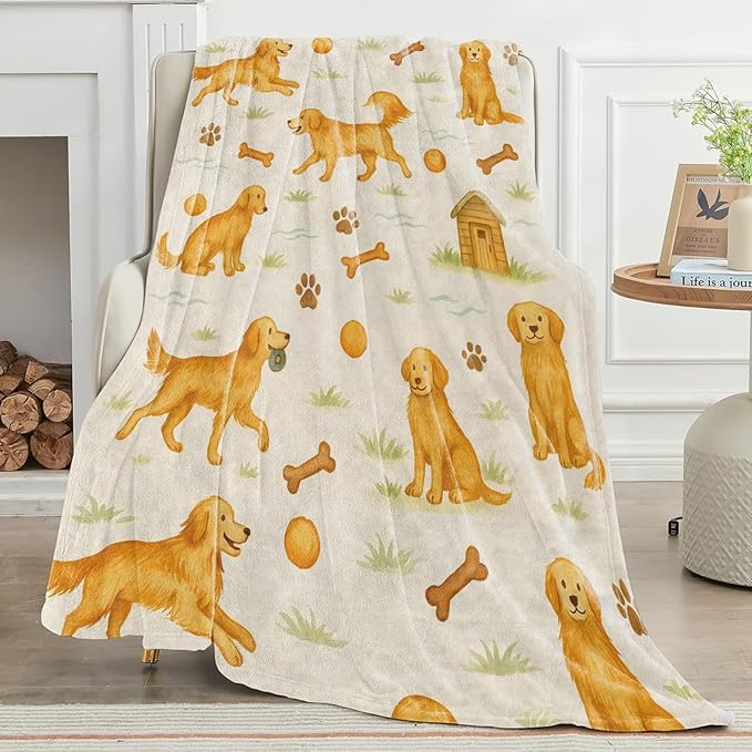 Golden Retriever Blanket Cute Dog with Bone,Ball,Paw Print and Kennel Throw Blankets Lightweight Flannel Throws for Camping Couch Chair Office Bed Home Decor Gifts for Pet Lover,60x50inch