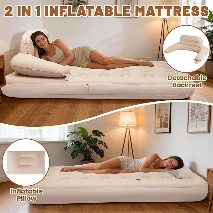 MeiLyte Inflatable Bed Twin Size, Inflatable Couch for Adults with Flocked Surface, Inflatable Air Mattress with Backrest, Comfortable Inflatable Sofa Bed, Inflatable Couch for Camping,Outdoor, Indoor
