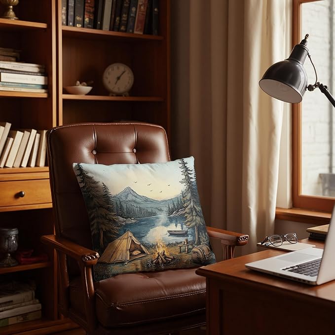 Vintage Mountain Lake Camping Pillow Cover 18x18, Rustic Woodland Campsite Decor, Moody Pine Tree Forest Throw Pillow Cover for Home Bedroom Living Room, Camper Lover Gifts