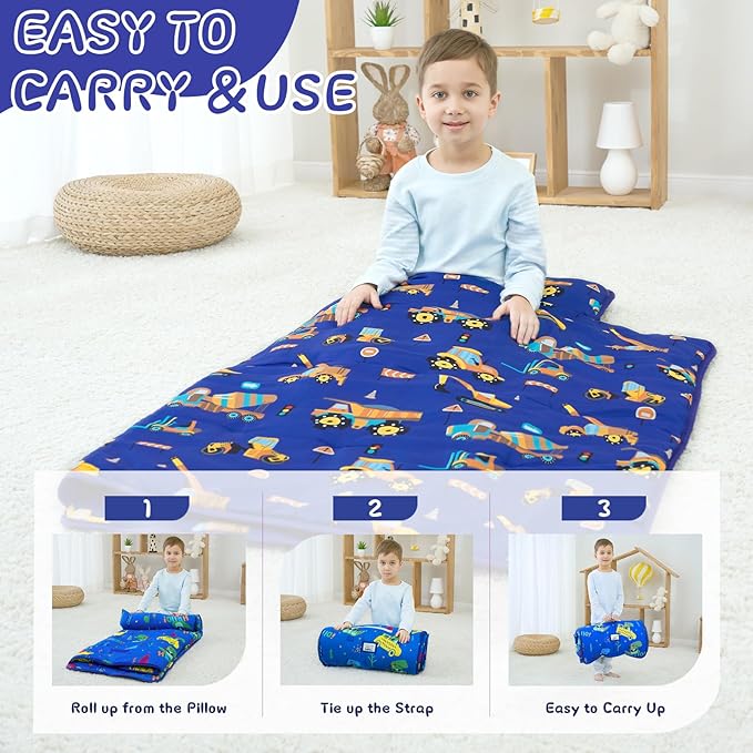 UOMNY Toddler Nap Mat Boys Kids Nap Mats with Removable Pillow and Blanket Engineering Vehicle Toddler Sleeping Bag for Preschool Daycare Blue Excavator 53x21 Inch
