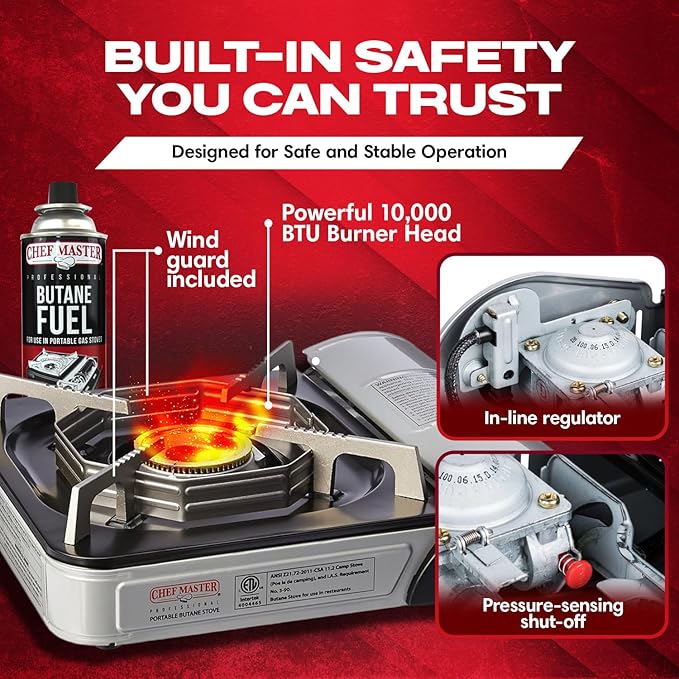 Chef-Master 90011 Butane Countertop Stove, 10 000 BTU Portable with Carry Case, High Performance, Piezo Ignition, Brass Burner, Safety Stop