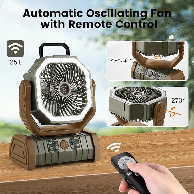 Odoland 30000mAh Camping Fan with LED Lantern, Rechargeable Battery Operated Oscillating with Remote Hook, Portable Tent Fan with Timer, 4 Speeds for Outdoor RV Jobsite Power Outage, Brown