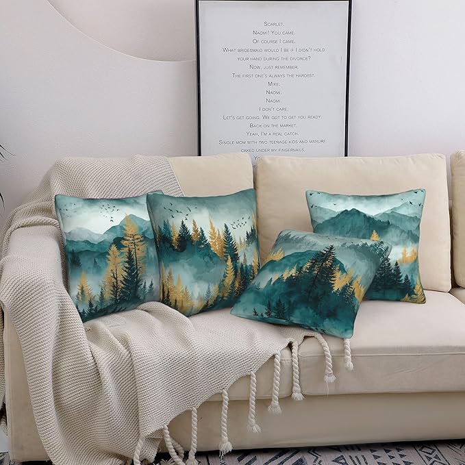 Green Mountain Throw Pillow Covers 18 X 18 Inch Set of 4 Decorative Cushion Cover Home Decor for Sofa Chair Couch Bedroom Living Room