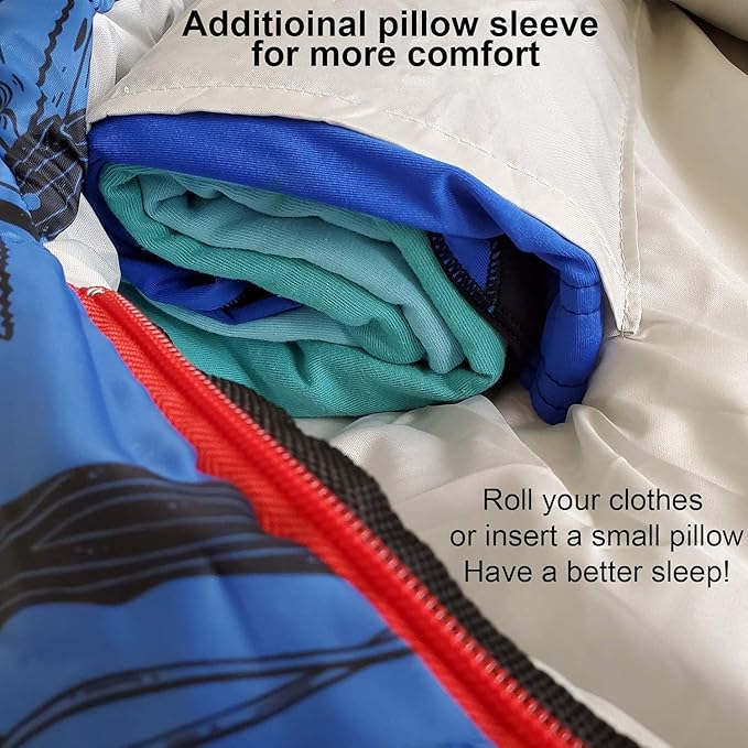 KidzAdventure Mummy Style 32 – 59F Kids Sleeping Bag with Pillow Sleeve, 4 Season, Lightweight and Backpacking Style, Ideal for Camping, Sleepover, Boys, Girls, and Youth