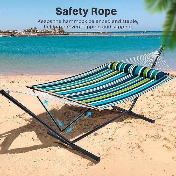 SUPERJARE Hammock with Stand, 2 Person Quilted Outdoor Hammock, Detachable Pillow & Bamboo Spreaders, Portable Hammock with Carrying Bag, Heavy Duty Stand, Perfect for Outside, Patio, Dark Cyan