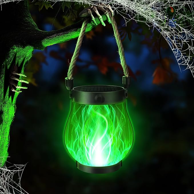 iBaycon 1 Pack Solar Lanterns Lights, Halloween Flickering Flame Garden Lights with 2 Modes Dual Charging USB & Solar, Outdoor Waterproof Hanging Lantern for Party Holiday Halloween Decor (Green)
